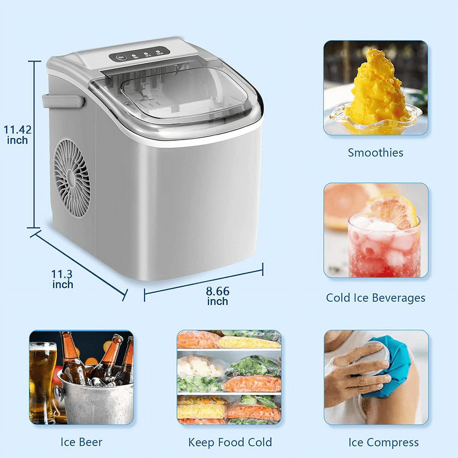 YUKOOL Countertop Ice Maker with Handle Portable Ice Maker, 26lbs/24 Hours, 6 Minutes/9 Ice Cubes, S/L Bullet Ice, Self Cleaning, Suitable for Home, Kitchen, Office, Leisure Area(GREY)