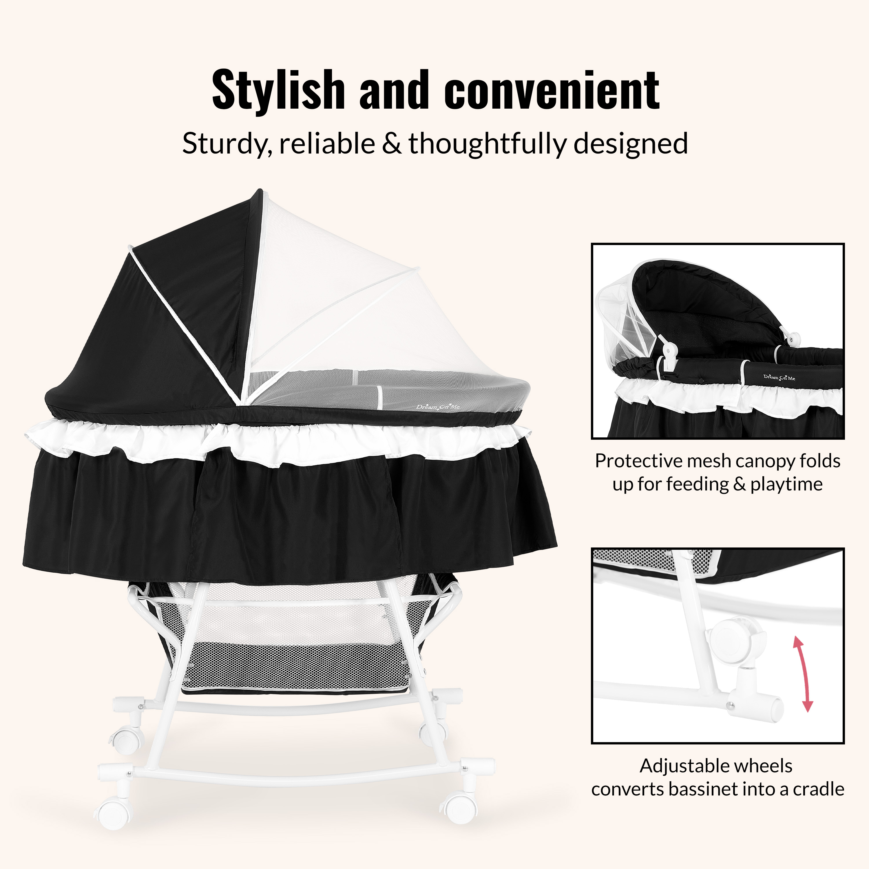 Dream On Me Lacy Portable 2-in-1 Bassinet & Cradle in Black, Lightweight Baby Bassinet