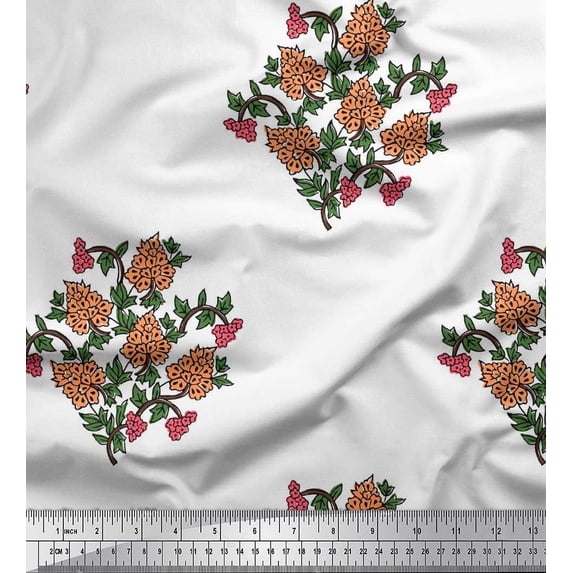 Soimoi Georgette Viscose Fabric Leaves & Floral Block Print Sewing Fabric Yard 42 Inch Wide