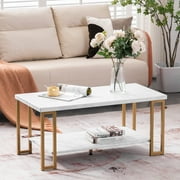 Tenozek 2-Tier Faux White Marble Coffee Table, Rectangular Table with Sturdy Gold-Finished Metal Frame, Modern Table for Living Room and Bedroom