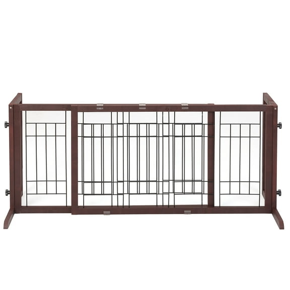 Spaco Stylish Freestanding Dog Gate, Deep Brown Pinewood, Adjustable for Doorways & Stairs, Secure Pet Barrier