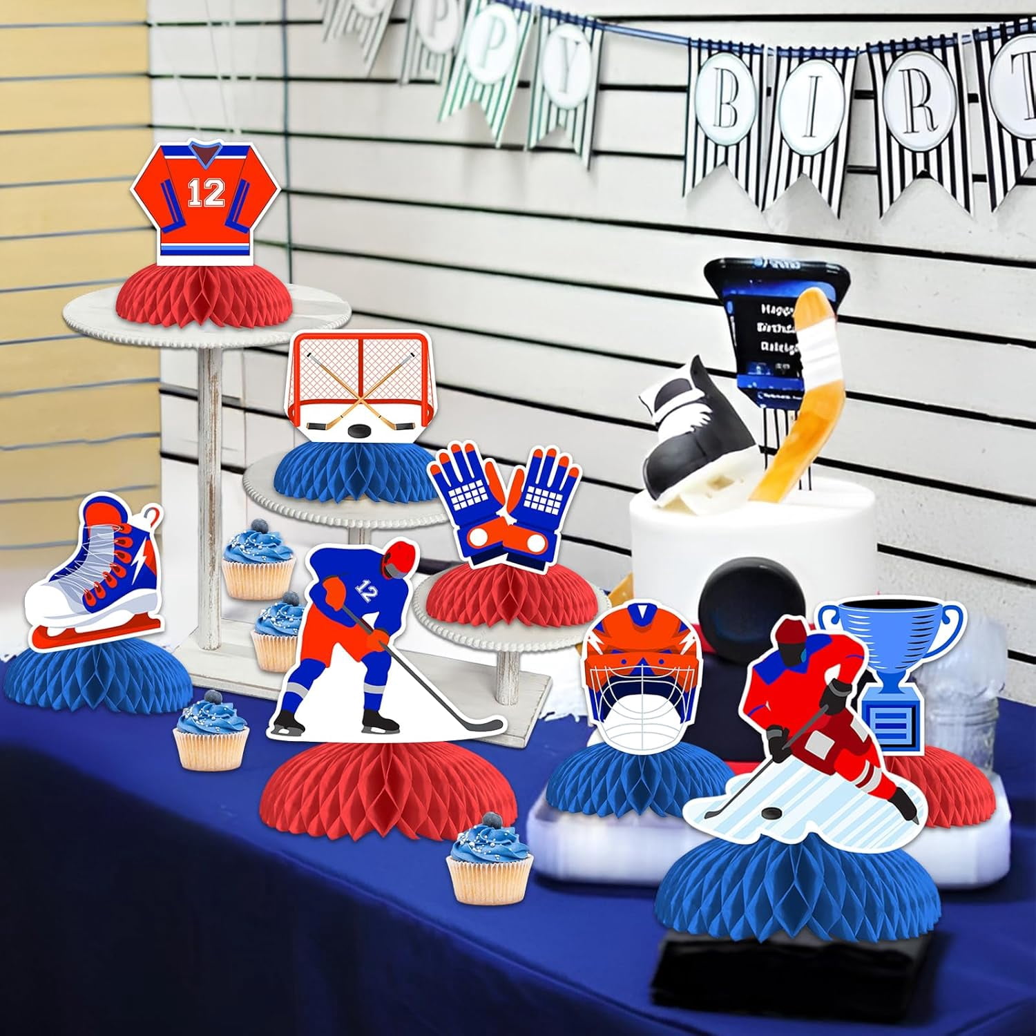 JOYMEMO 8Pcs Red Blue White Ice Hockey Honeycomb Centerpieces, Hockey Table Decorations for Men Boy Birthday Baby Shower Fans Gameday Party, Ball Sports Gifts School Home Decor Supplies