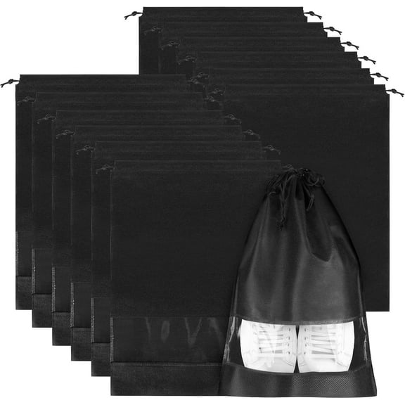 12PCS Shoe Bags for Travel, Portable Travel Shoe Bags with Clear Window, Large Shoe Travel Bag with Rope, Dustproof Travel Shoe Storage Bag for Men & Women,12.6" X 17.3", Black