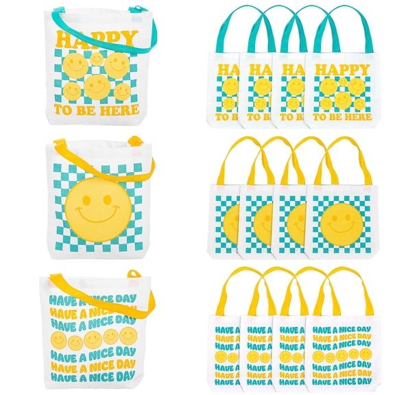 Fun Express 8" x 8" Mini Canvas Smile Face Tote Bag Assortment 12 Pieces