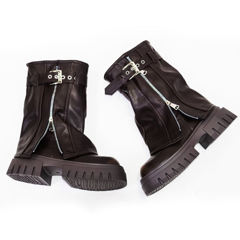 Elecsop Mid Calf Boots for Women Platform Fold Over Biker, Retro