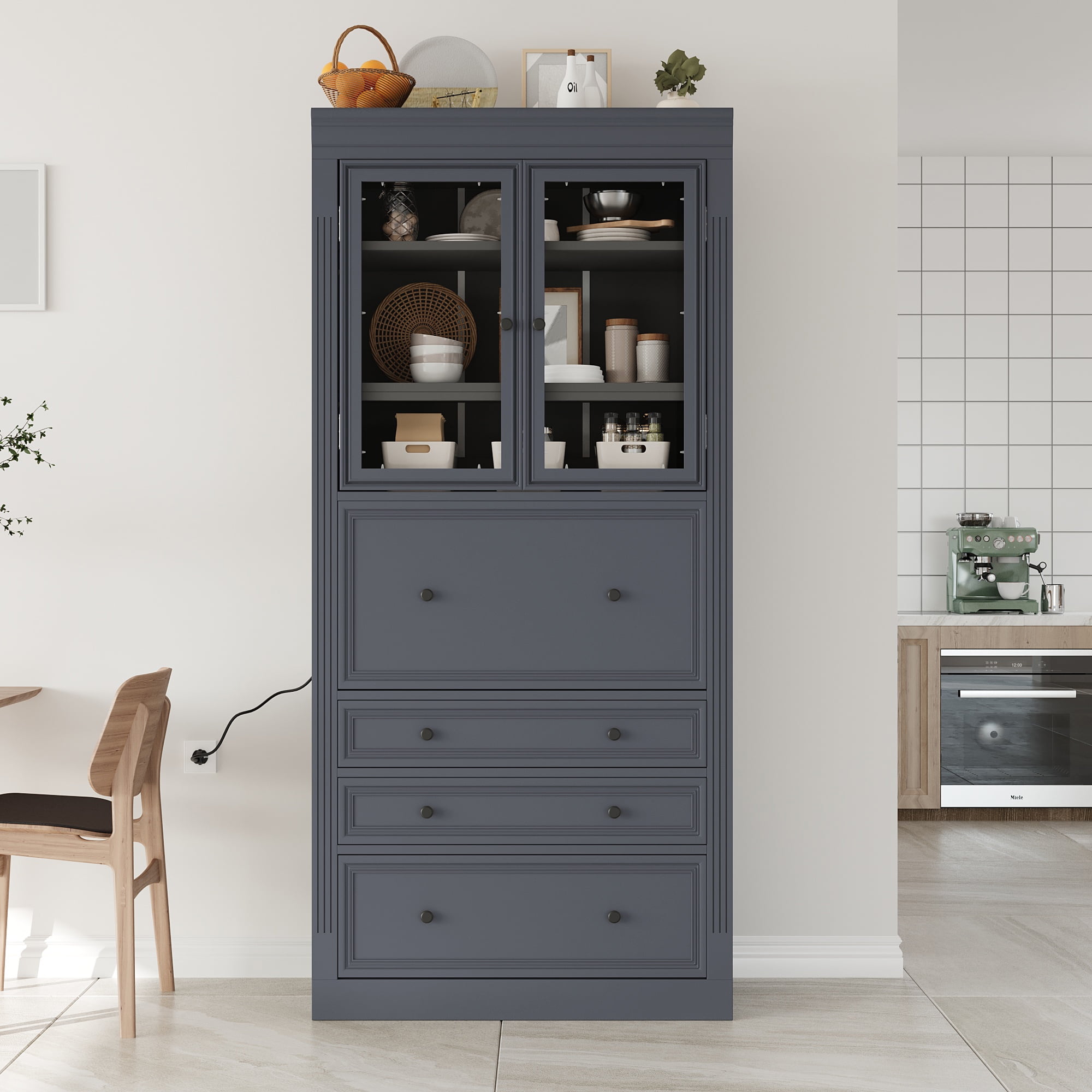Harper & Bright Designs Tall Kitchen Pantry Cabinet with Power Outlets, Freestanding Cupboard with 3 Drawers and Adjustable Shelves for Dining Room, Grey