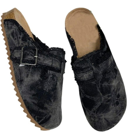 

Women s Mules Casual Flats Shoes with Buckle Design Fashion Printing for Summer 38 Black