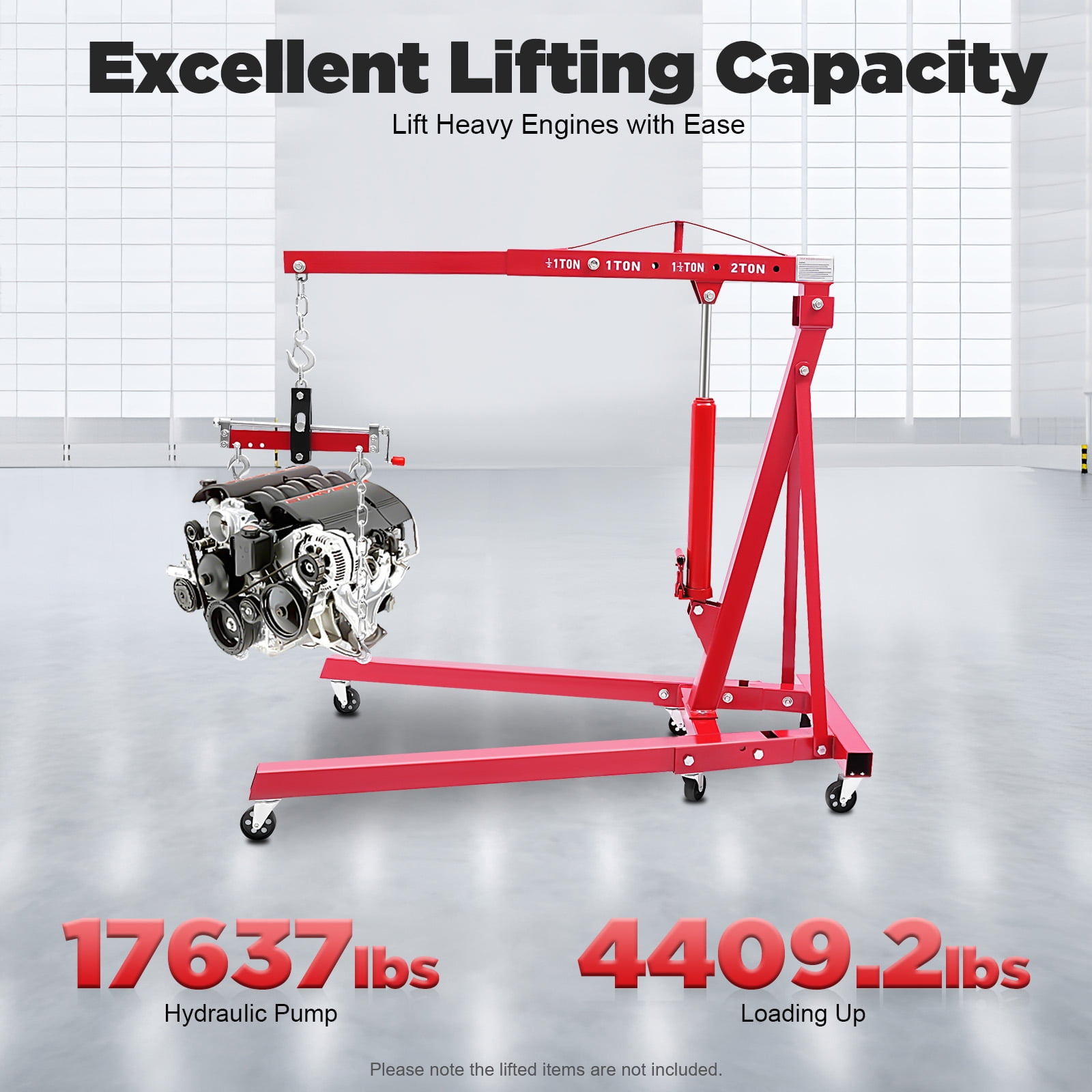 Peakora 2T Folding Hydraulic Crane Hydraulic Crane with Engine Leveler & Wheels Heavy-Duty Cherry Picker Shop Crane Oldable Engine Crane Red