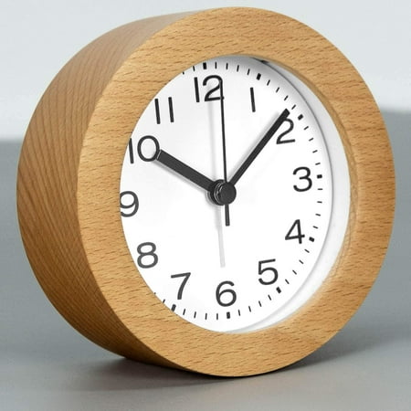 Round Wooden Alarm Clock with Arabic Numerals, Non Ticking Silent, Backlight, Battery Operated