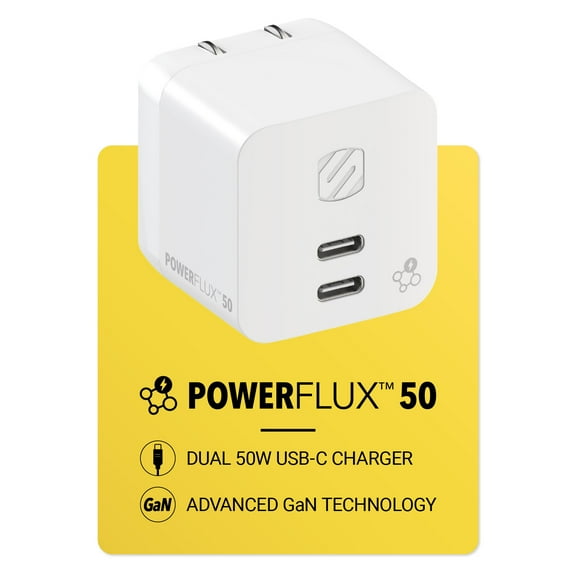 Scosche PowerFlux™ 50W Dual USB-C GaN Adaptive Power Sharing Fast Charging Wall Charger HPDCC50WT-SP