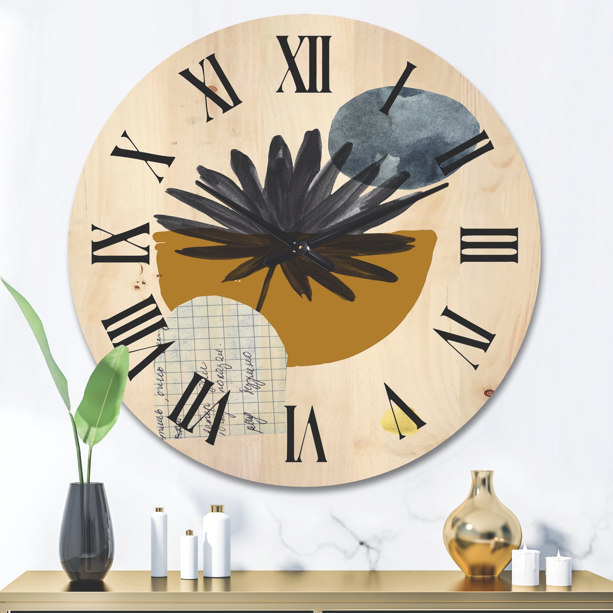 Designart 'Abstract Geometry Shapes and Tropical Palm Leaf I' Modern Wood Wall Clock