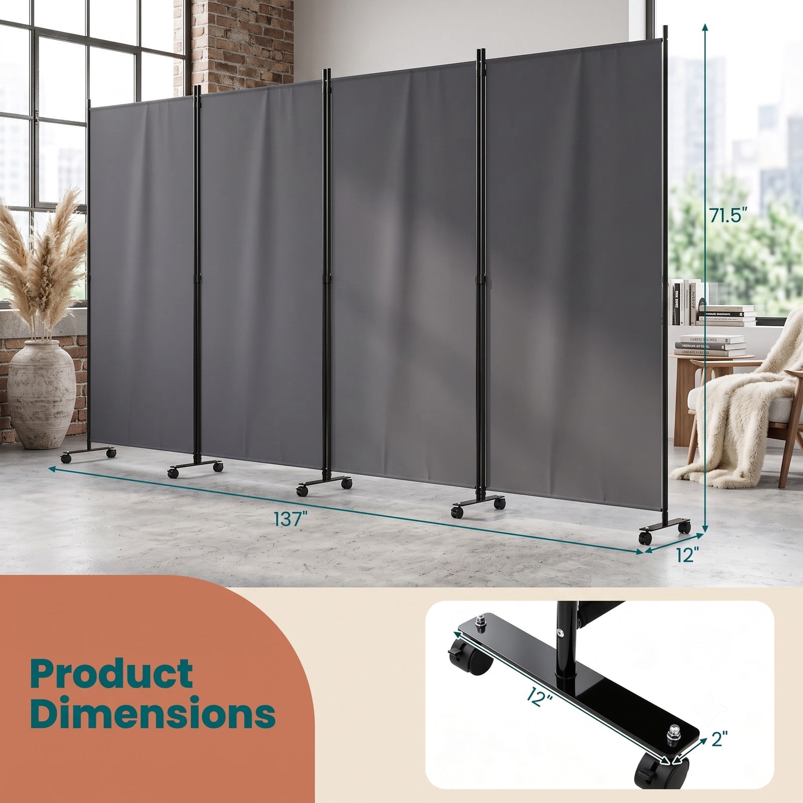 Fenbeli 4 Panel Folding Room Divider Privacy Screen with Wheels, Freestanding Polyester Fabric Partition with Metal Frame for Living Room Bedroom Office, Gray