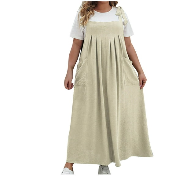 LNWUY Women's Fashion Casual Plus Size With Pockets Solid Color Halter One-piece Dress Loose Comfort Breathable Long Dresses Dresses Beige XXL
