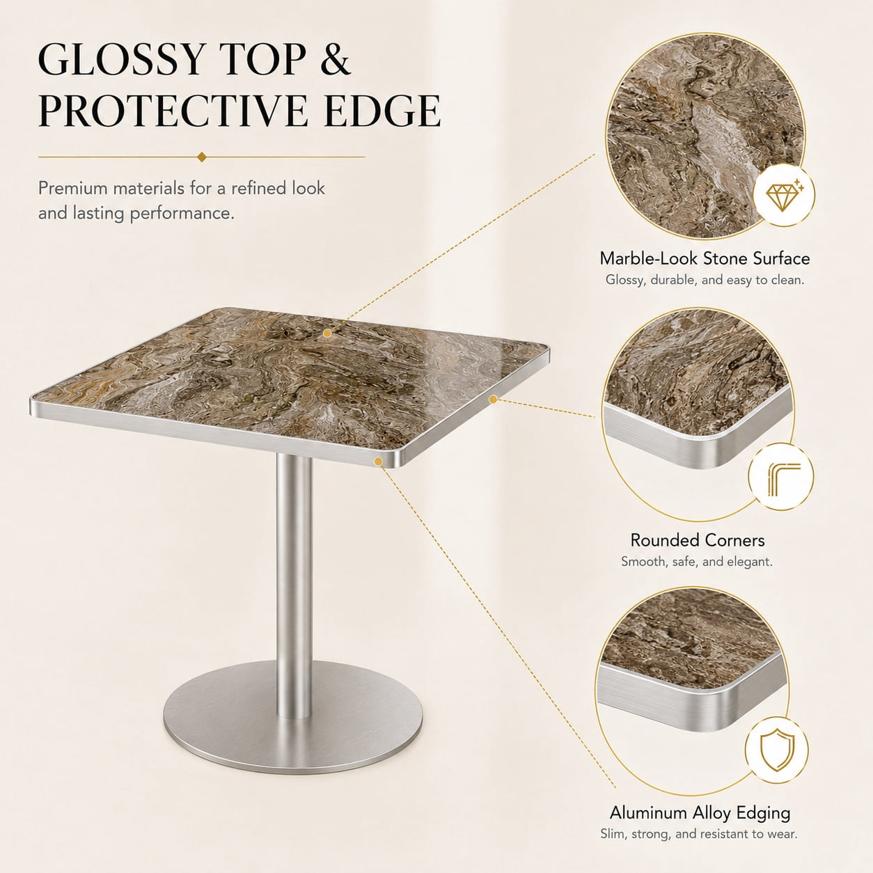 Aukfa 31.5" Square Dining Table for 2-4, Marble-Look Sintered Stone Top, Silver Pedestal Base, Small Spaces,Silver Gray Marble