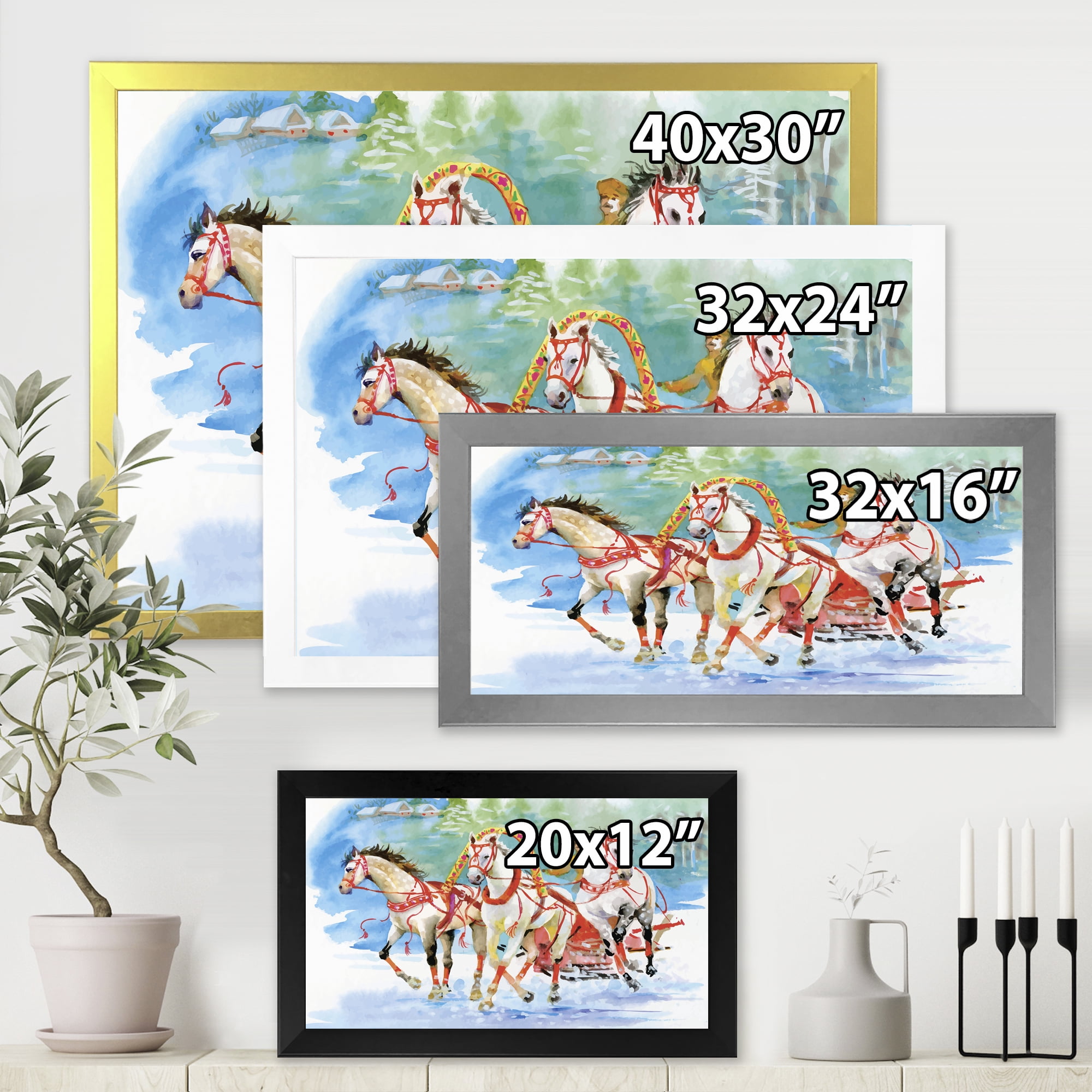 Designart 'Carriage In The Snow With Galoping Horses' Farmhouse Framed Art Print