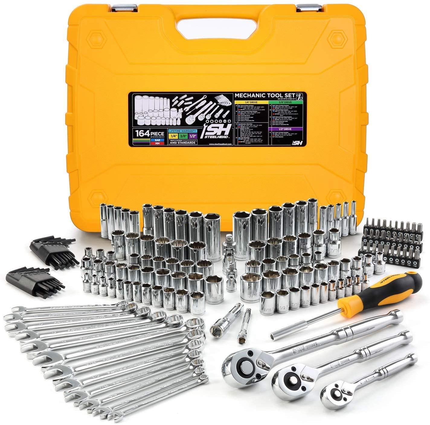 STEELHEAD 164-Piece Mechanics Tool & Socket Set (ANSI), SAE & MM,  1/4?,3/8?,1/2? 72-Tooth Ratchet, 6 & 12 Point Sockets, Combination & Hex  Wrenches, 