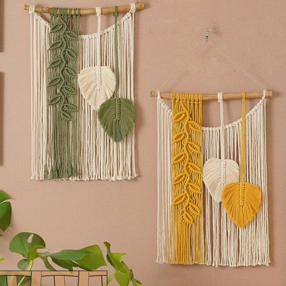 Twfbrm Macrame Wall Hanging Decor, 16"x28" Cotton Woven Beige and Green Leaves Tapestry, Vintage Handmade Chic Bohemian Tassel Tapestry, Farmhouse Wall Art Home Decoration for Bedroom Living Room