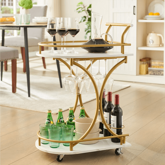 2 Tier Bar Car, Golden Wine Cart with Wine Rack & Glass Rack, Mobile Bar Service Car, Party, Home, Living Room Rolling Drink Car