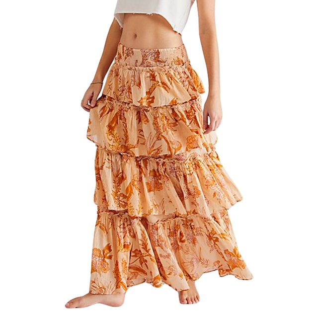 VISgogo Faldas largas para mujer, patrón floral/a cuadros, faldas holgadas de cintura alta de múltiples capas, pantalones casuales de estilo urbano simple VISgogo moda