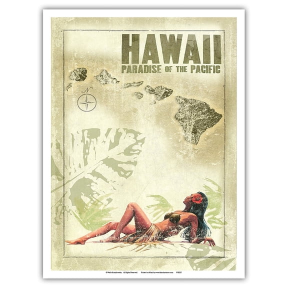 Hawaiian Wahine - Hawaiian Islands - Hawaii Paradise of the Pacific - Vintage Travel Poster by Wade Koniakowsky - Master Art Print (Unframed) 9in x 12in