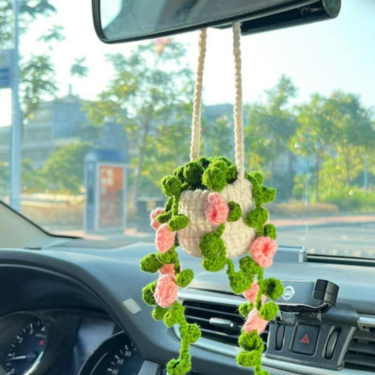 LICHENGTAI Cute Car Crochet Hanging Plant Knitted Plant Car Mirror Hanger Car  Interior Rear View Mirror Hanging Accessories Decoration Ornament Type 9 