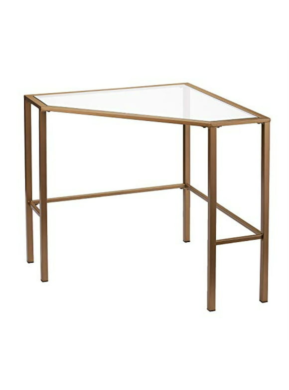 SEI Furniture Keaton Glass Top Metal Corner Writing Desk in Soft Gold