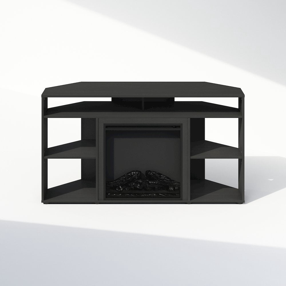 Furinno Jensen No Heat Decorative Electric Fireplace Corner TV Stand, Entertainment Center for TV up to 55 Inch with 6 Open Compartments, Americano