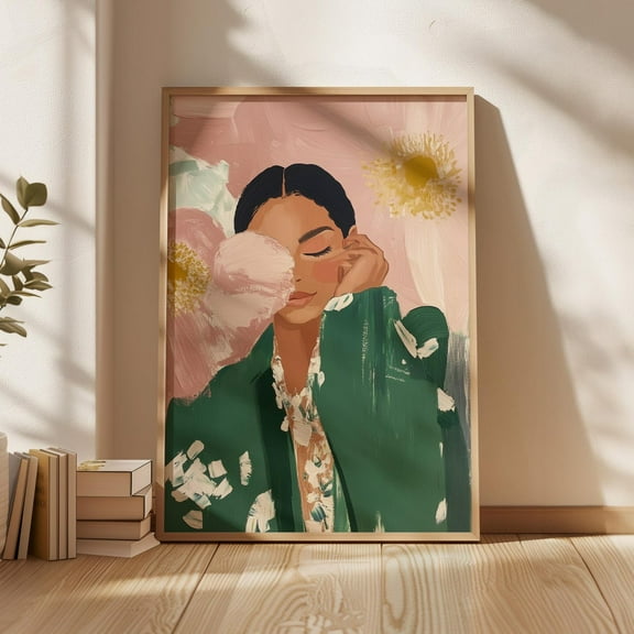 Modern Floral Woman Wall Art, Pink And Green Feminine Portrait Print, Abstract Flower Face Art, Romantic Fashion Illustration Wall Art, Modern Wall Decor, 8x12 UNFRAMED