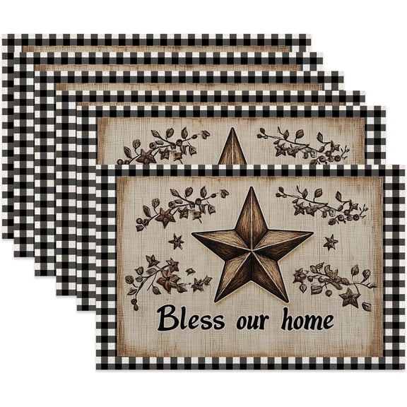 Table Placemats Set of 6,Wood Star Cloth Placemats,Rustic Farmhouse Heat-Resistant Table Mats for Kitchen Dining Room Decoration,Non-Slip Fabric Place Mats 11.8x17.7 Inch