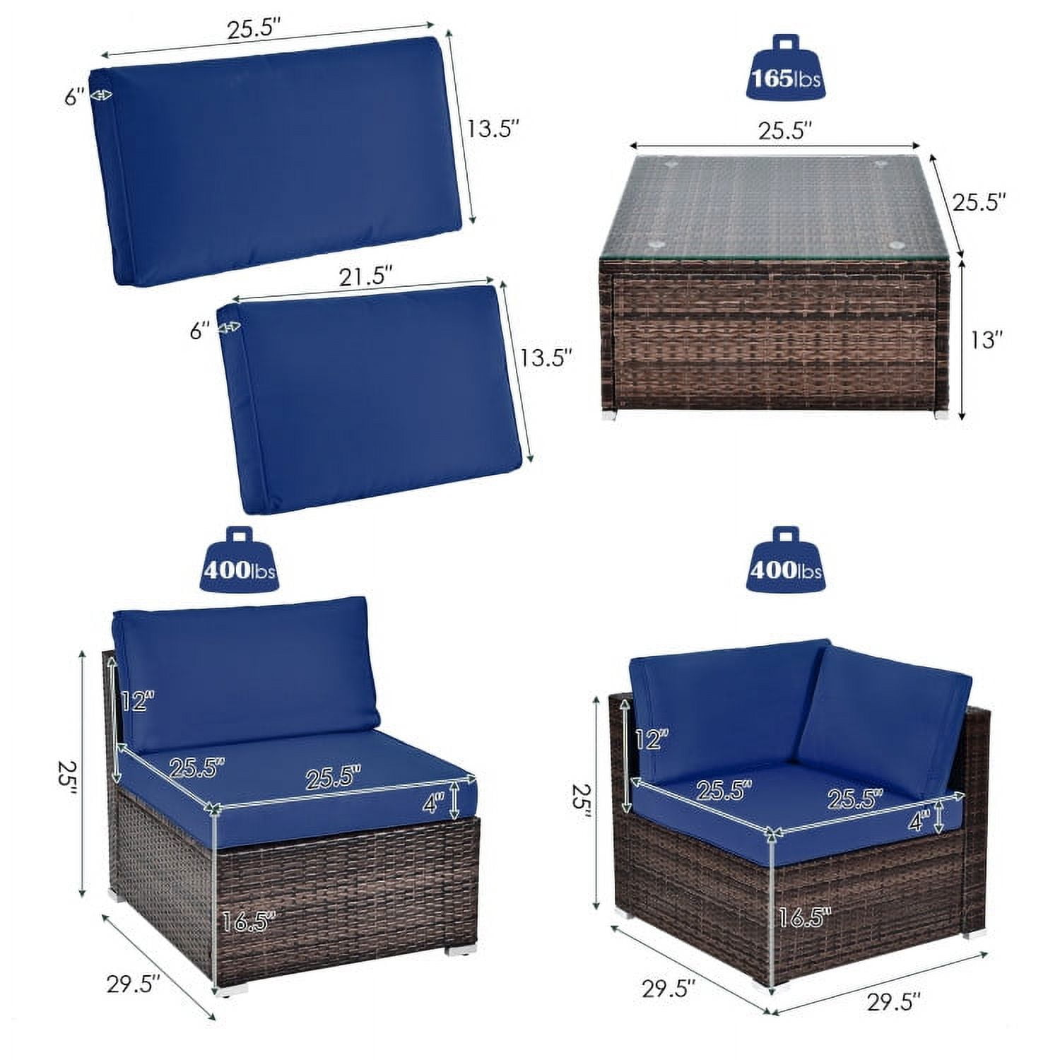 Aimee Lii 6 Pieces Patio Rattan Sectional Furniture Set with Cushions and Coffee Table, Outdoor Deck Furniture, Navy