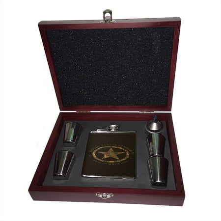 

KuzmarK 6 oz. Leather Flask Set in Rose Wood Presentation Box - Military Soldier Of War Camouflage