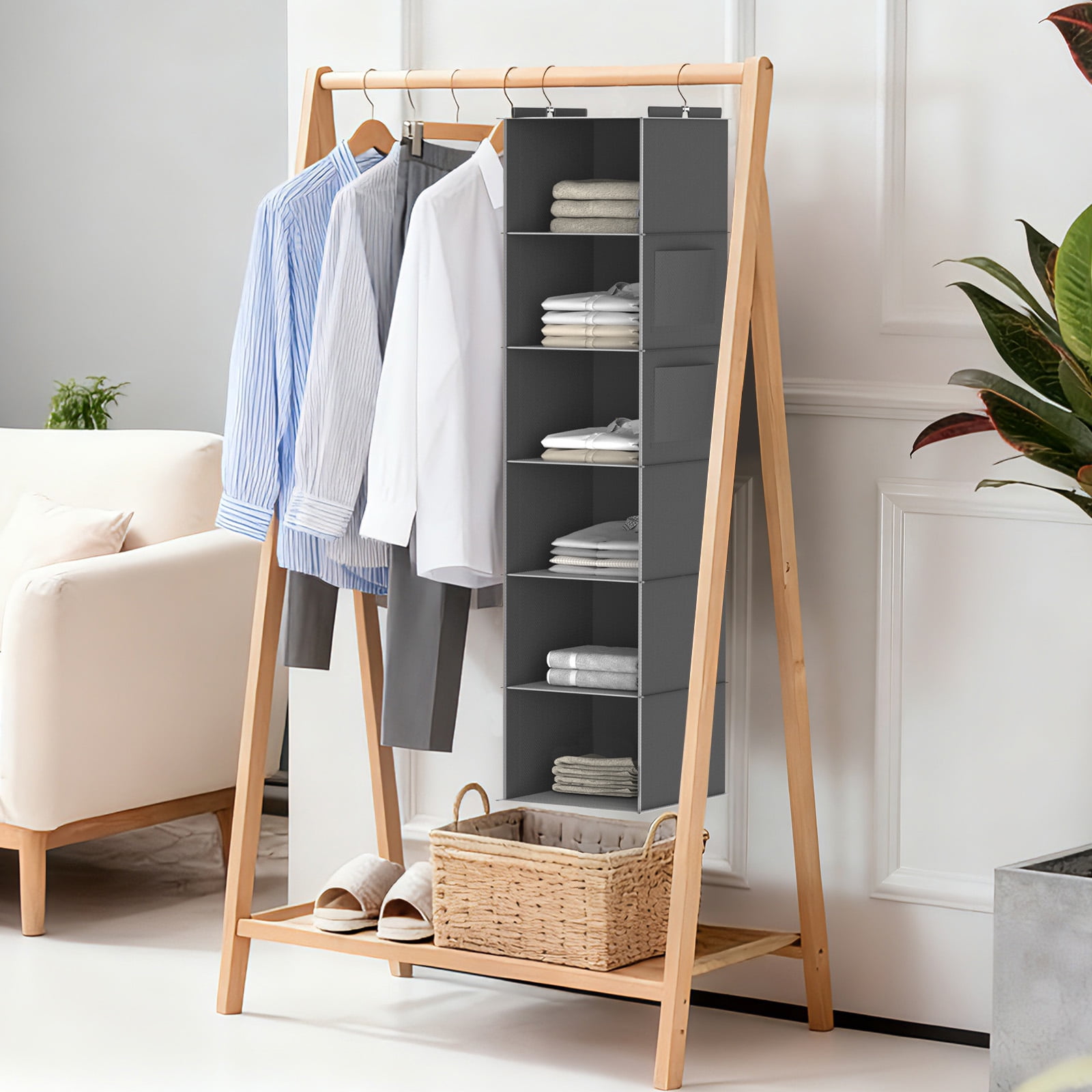 Closet Hanging Storage Shelves, 6-Shelf Hanging Closet Organizer with Bamboo Inserts, Foldable Closet Organizers and Storage for Bedroom,Sturdy Hook Closet Storage W/ 2 Side Pockets,Gray