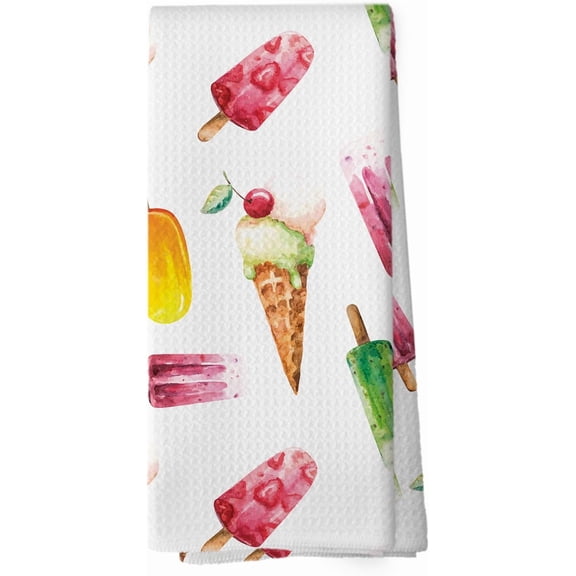 Summer Ice Cream Cone Kitchen Towels - Seasonal Holiday Hot Summer Dish Towels Gifts for Girls, Friut Ice Pop Decorative Absorbent Dishcloths Hand Towels for Kitchen Decor 18x26 Inches