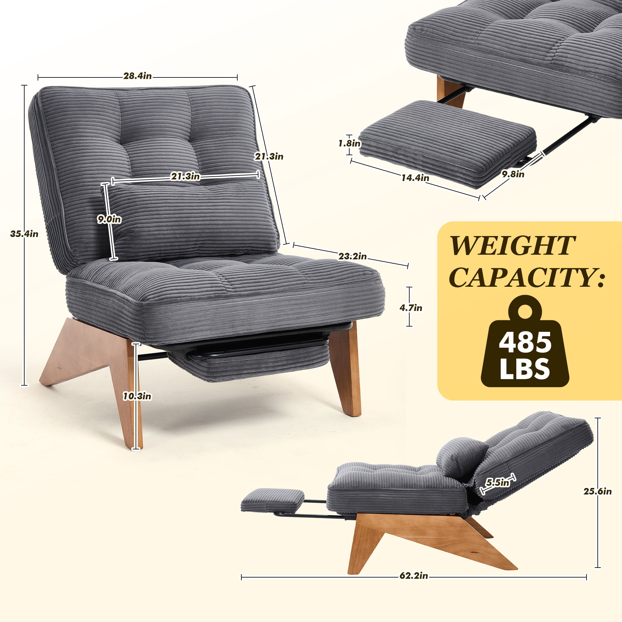 MOONMISS Modern Adjustable Lounge Chair with Footrest,Wooden Base Upholstered Recliner for Reading Rest Corduroy