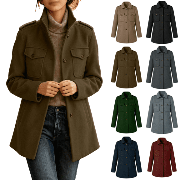 Vixolx Wool Straight Pea Coat for Women Stand Collar Single Breasted Jacket Coat with Pockets and Padded Shoulder Fall Lining Long Sleeve Outerwear
