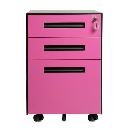 Modern Luxe 3 Drawer Mobile File Cabinet With Keys Black Pink