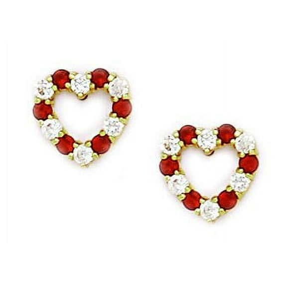 14k Yellow Gold January Red Cubic Zirconia Heart Screw-Back Earrings - Measures 10x10mm