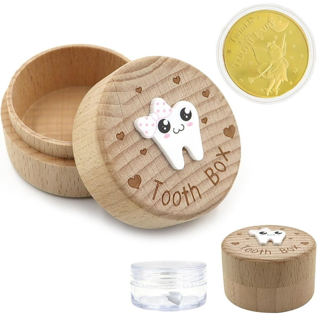 Wooden Tooth Fairy Box, Cute Tooth Fairy Tooth Holder, Tooth Fairy Kit with Tooth Fairy Coin and Transparent Storage Box, 3D Carved First Tooth Keepsake Box for Lost Teeth (Bowknot)