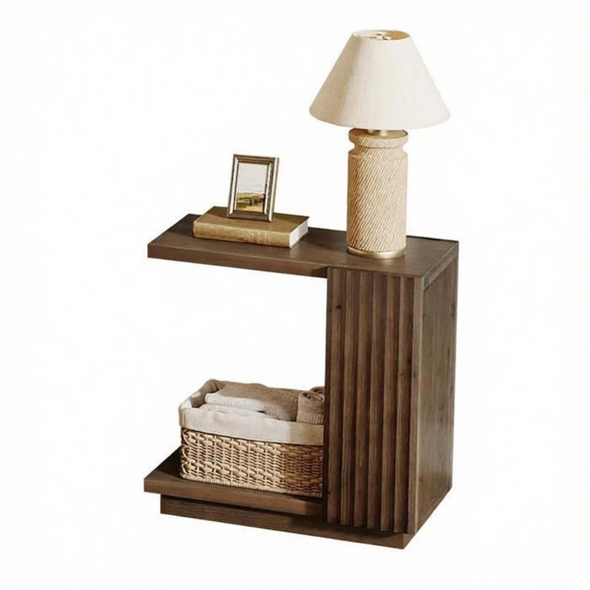 Wood C Shaped Side Table with Fluted Panels for Bedroom