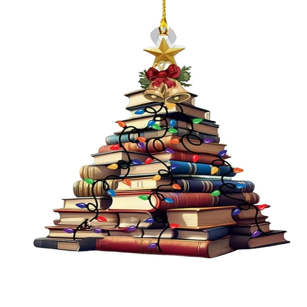 Adorno navideño de acrílico plano 2D con forma de árbol para libros, estantería, decoración para árbol de Navidad, adornos colgantes novedosos, adornos apilados con libros.