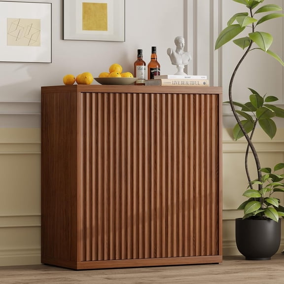 Kuublock 31” Sideboard Cabinet with Storage, Fluted Accent Cabinet with Adjustable Shelves, Modern Wood Credenza Cabinets with Pop-up Doors for Entryway Kitchen Living Room Hallway, Walnut
