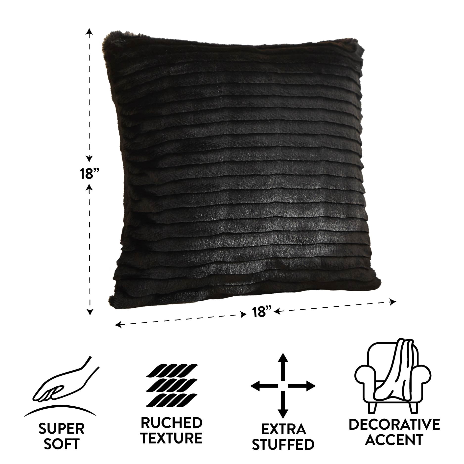 Mainstays 18" x 18" Rich Black Ruched Fur Decorative Throw Pillow