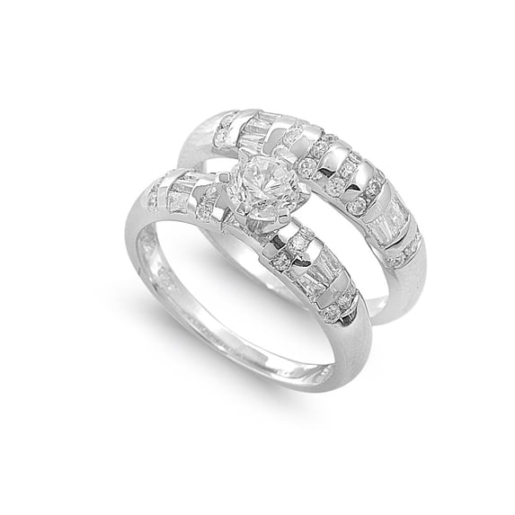 Round Center with Round & Baguette Stones Cubic Zirconia Wedding Set Ring Sterling Silver 925