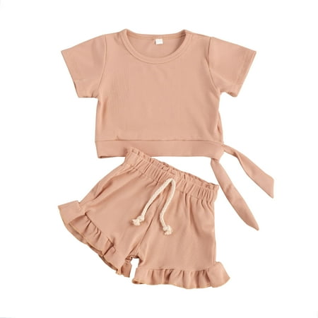 

Kiapeise Newborn Baby Girls 2-piece Outfit Set Short Sleeve Lace-up Tops+Shorts Set for Kids Girls