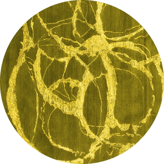Ahgly Company Machine Washable Indoor Round Abstract Yellow Contemporary Area Rugs, 5' Round