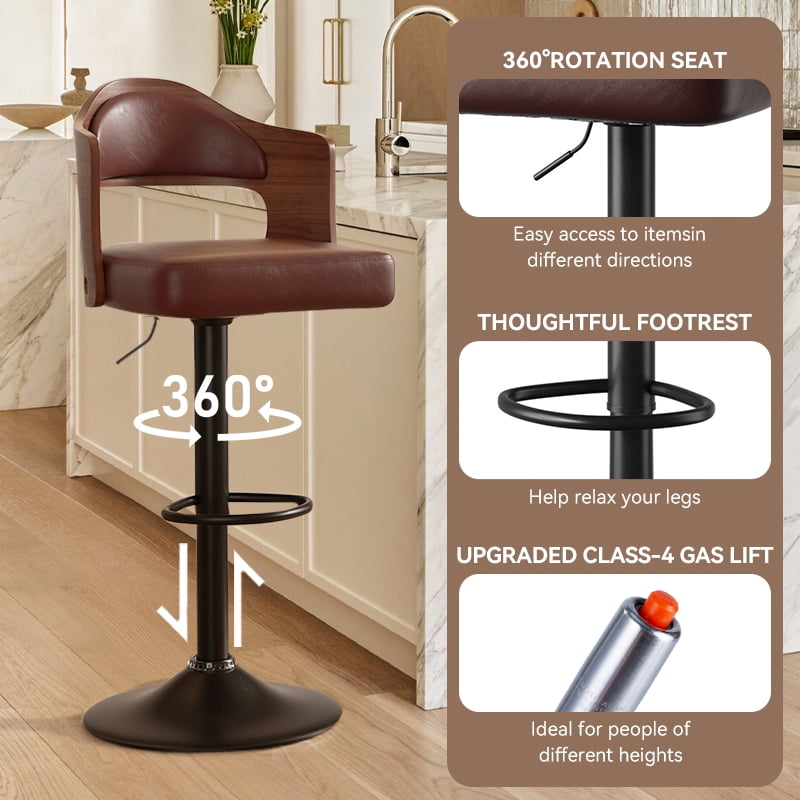 MOONMISS Swivel Bar Stools Set of 2, Wooden Kitchen Bar Chairs with Back, PU Leather Counter Height Barstools for Kitchen Island,