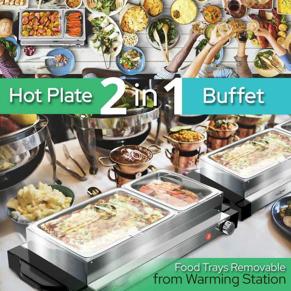 .com: NutriChef Hot Plate Food Warmer, Buffet Server Chafing Dish  Set, Portable Stainless Steel Electric Warming Tray, 3 Section 1.5 quart  Serving Containers with Lids - AC Powered -: Home & Kitchen