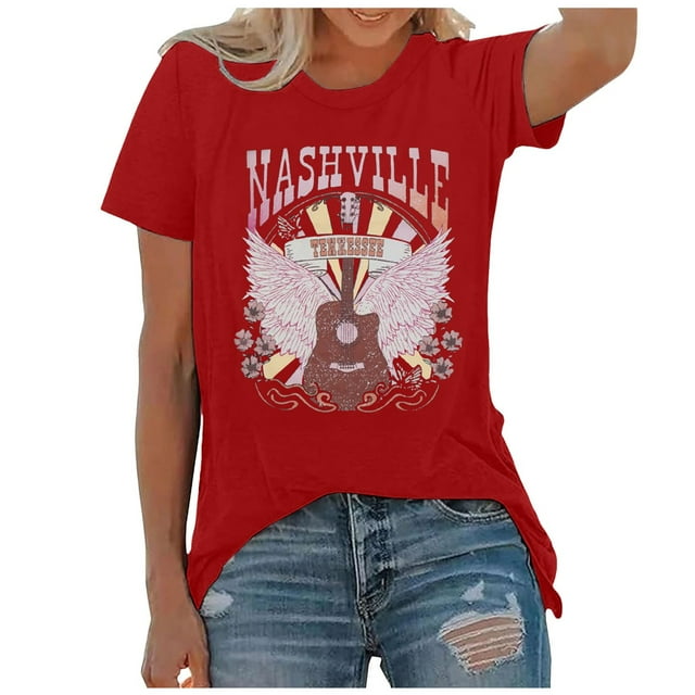 WEIYLL T-Shirt pour Femmes Musique Country Vintage Imprimé Graphique Manches Courtes T-Shirt Rouge Tailles TTG