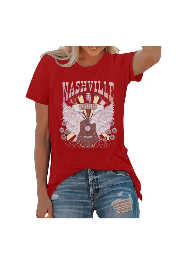Womens Tee Classic Western Nashville Retro Pattern Short Sleeve Crew Neck Tshirts Cowboy Outdoor Leisure T-Shirts