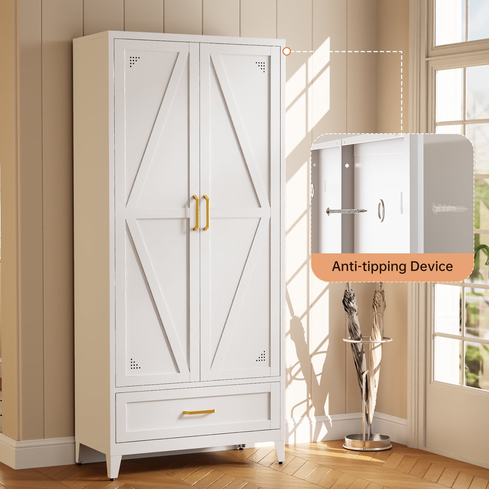 JHYKFG 71" Tall Metal Storage Cabinets,4-Tier Kitchen Pantry Cabinet with 2 Doors and 1 Drawer for Dining Room,Living Room,Hallway,Bathroom,White
